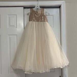 David's Bridal Gold Sequin and Cream Tulle Kids Dress
